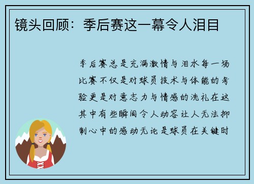 镜头回顾：季后赛这一幕令人泪目